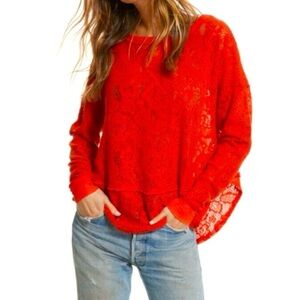 FREE PEOPLE “Not So Cold in This” Lace Top Tee XS Fiesta Red